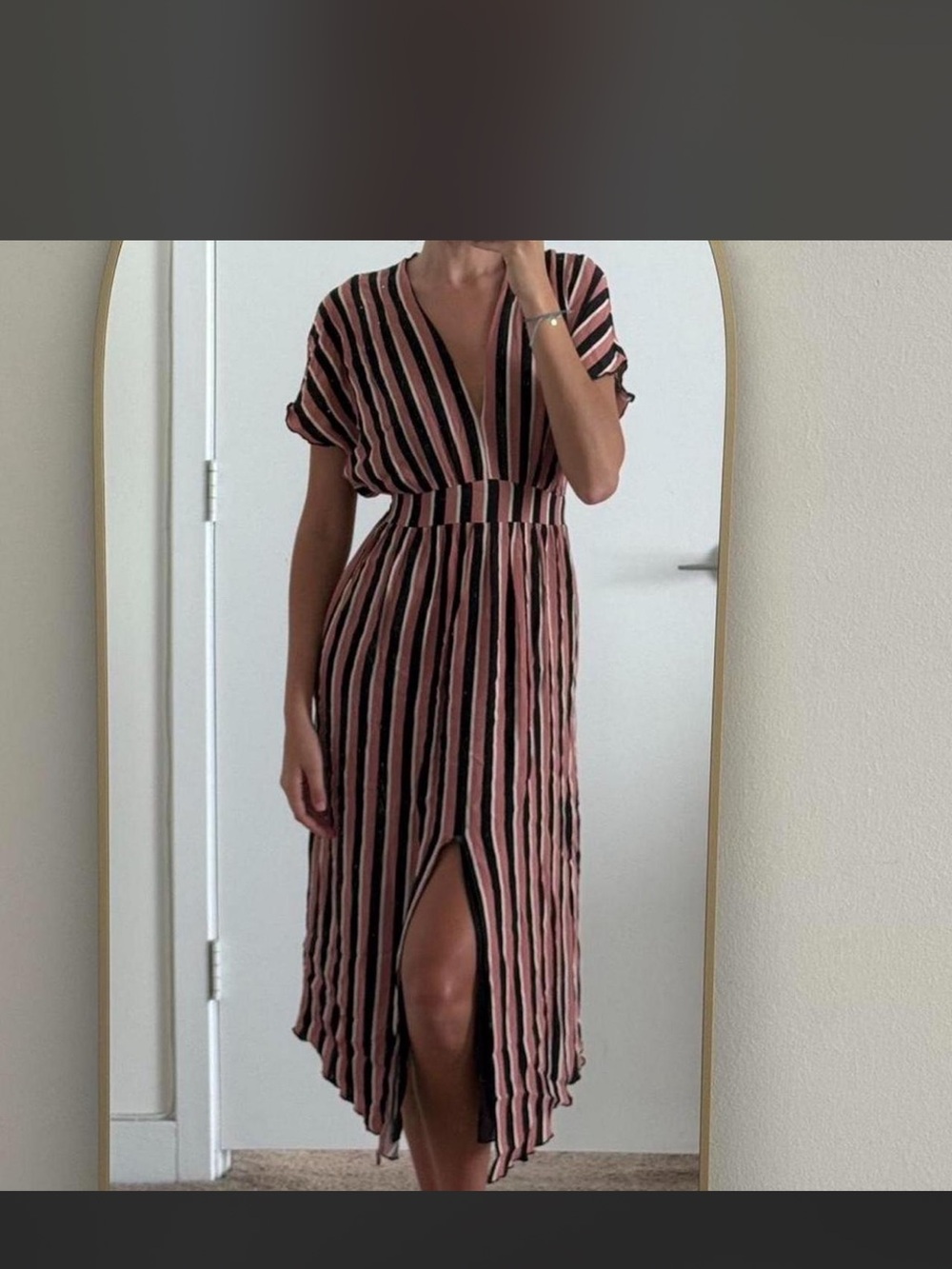 Striped V-Neck Midi Dress in Dusty Rose and Black